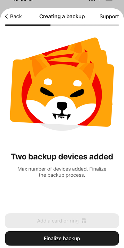 Tangem app showing 3 of 3 cards linked status with green checkmarks
