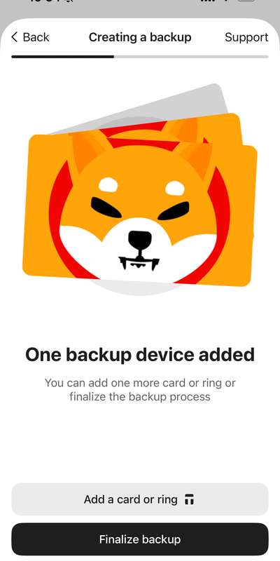 iPhone showing Tangem app backup card linking step with third card being tapped